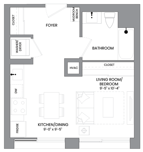 Floor plan for studio, 1 bath, 424 sqft